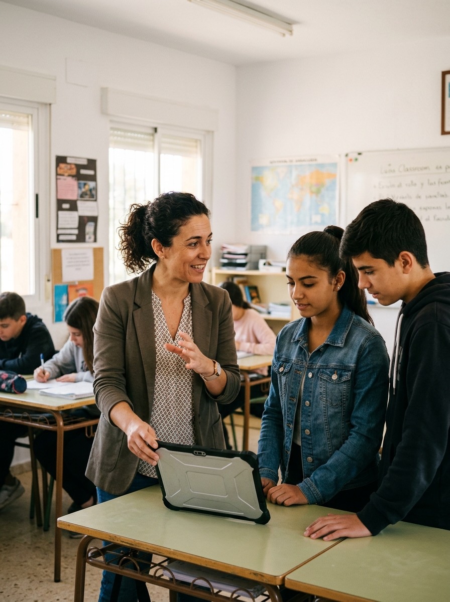 Maestra usando tecnología en el aula